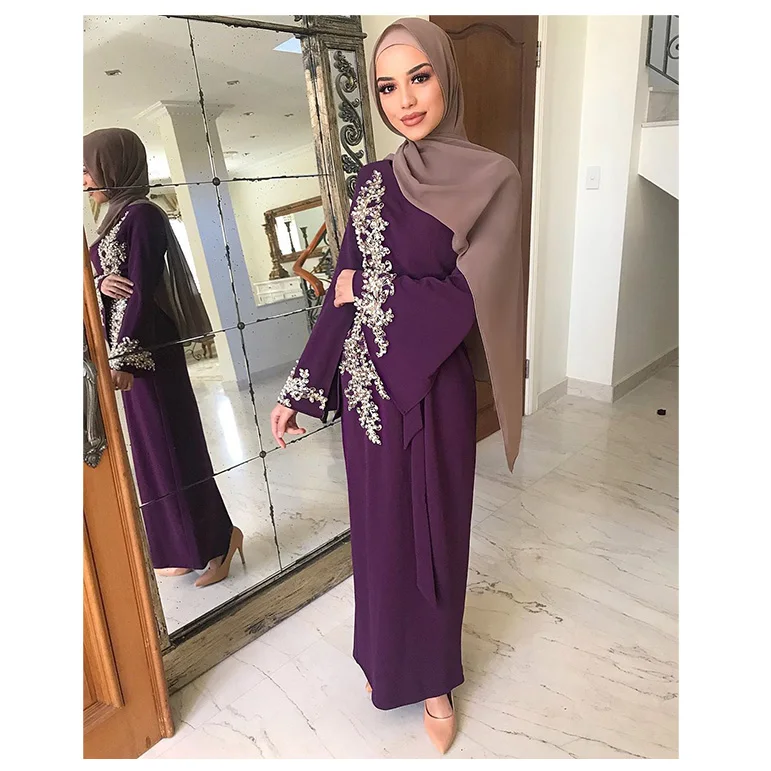 2021 Autumn Spring Fashion Tassel Stitching Long Sleeves Muslim Maxi Dress Women Abayas