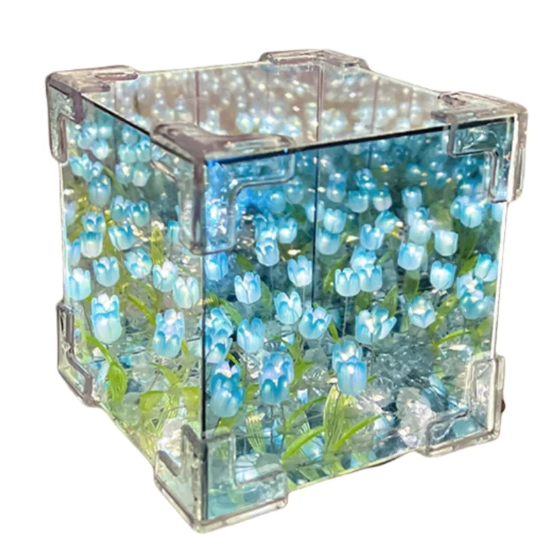 Acrylic DIY Tulip Square Lamp Bedside Nightlight Mirror LED Warm Colorful Projected Light Mini Table Bedroom Battery Switch