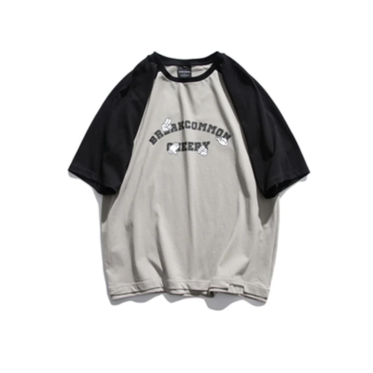 baggy ringer block t shirt with print Japanese style retro color block print short-sleeve shirts for men