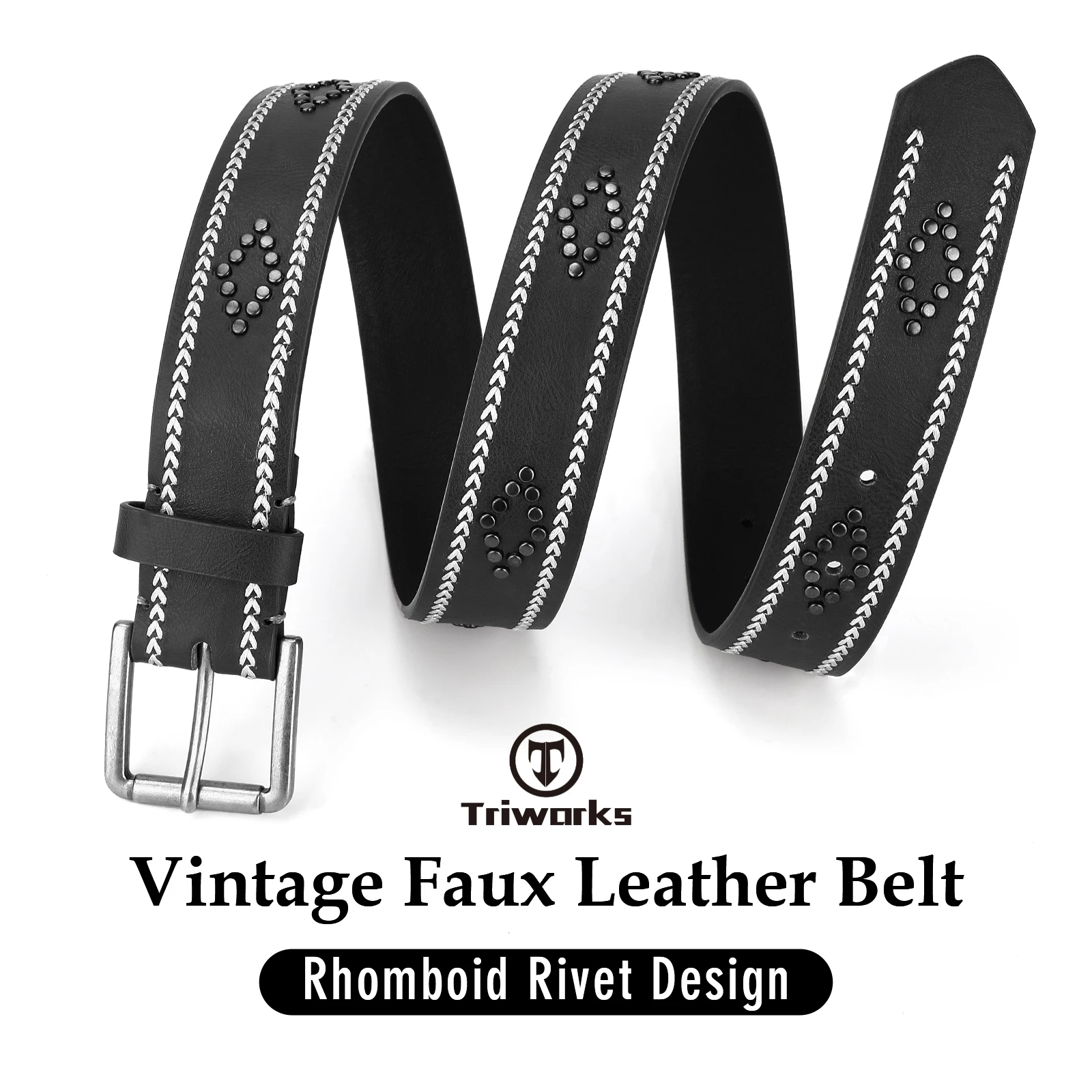 Free Custom Design Studded Rhomboid Rivet Decor Embroidery Stitching Cowboy Cowgirl Faux PU Leather Belt