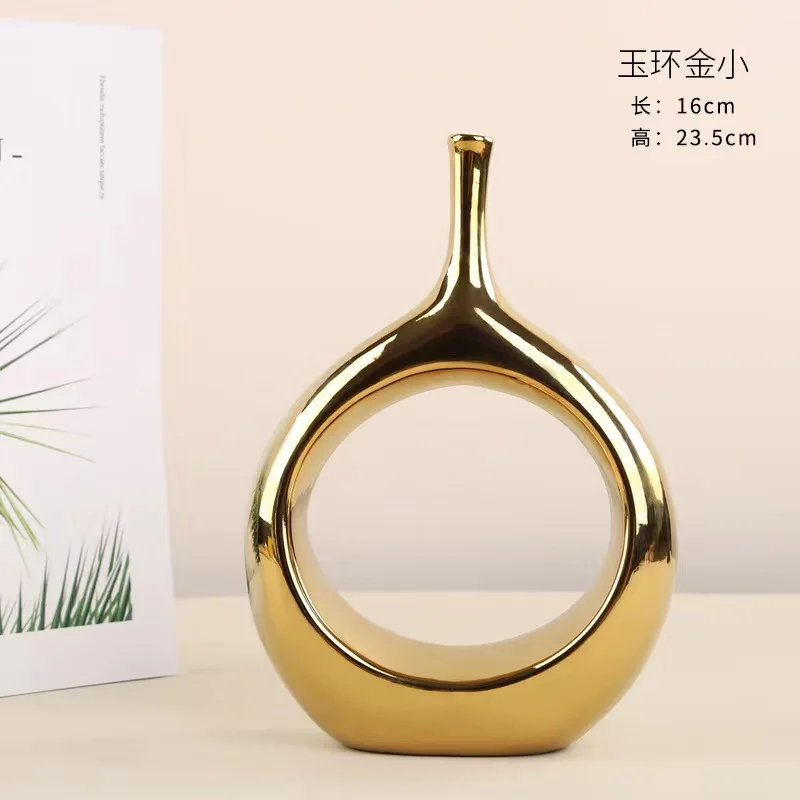 2023 Cross-border exclusive gold silver black jade ring ceramic vase decoration modern simple fashion hollow oval vase