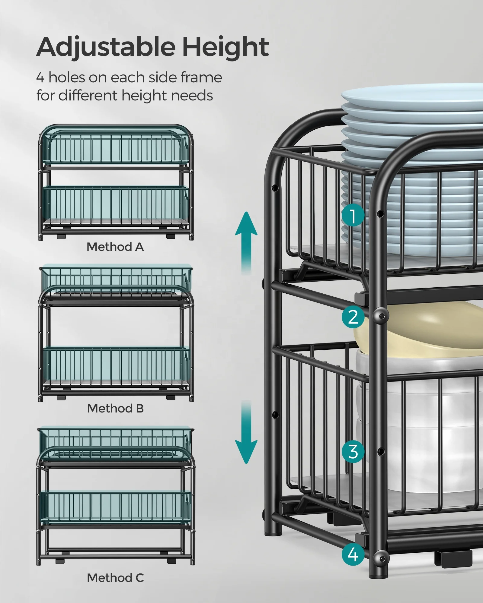 SONGMICS Under Sink Cupboard Storage with Drawers for Kitchen Bathroom Stackable Storage Rack 2 Tier Dish Drying Rack