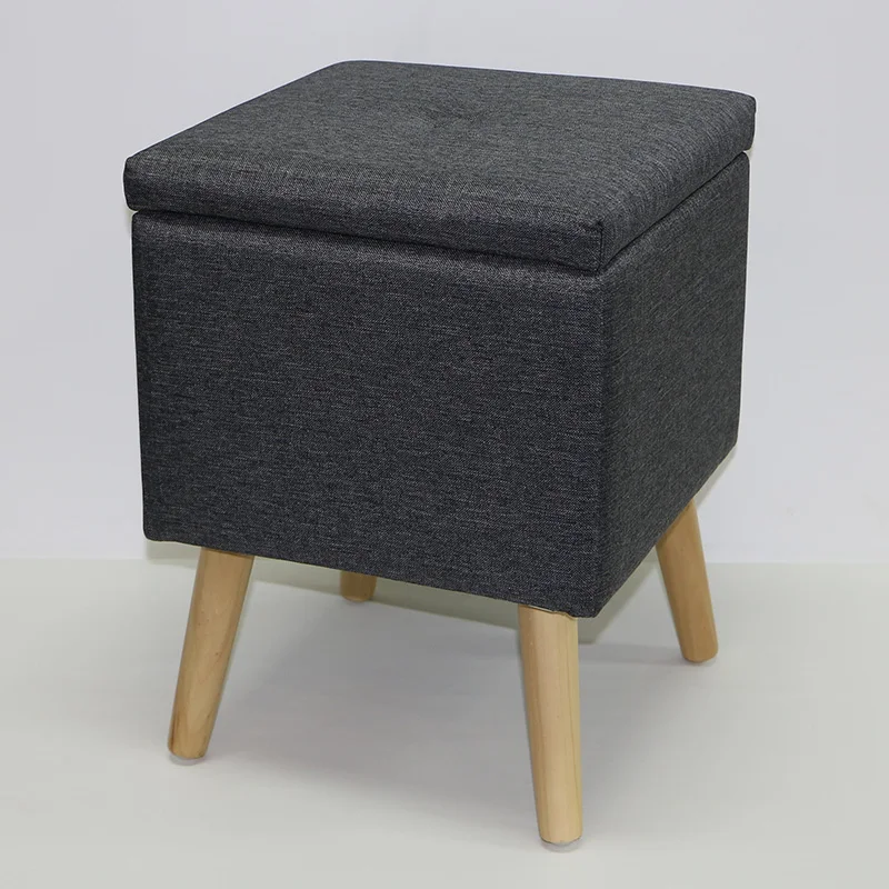 Reatai Modern Hot Sale Dark Grey Wood Sofa Footstool with Wood Legs Gray Fabric Storage Space Table Ottoman Stool