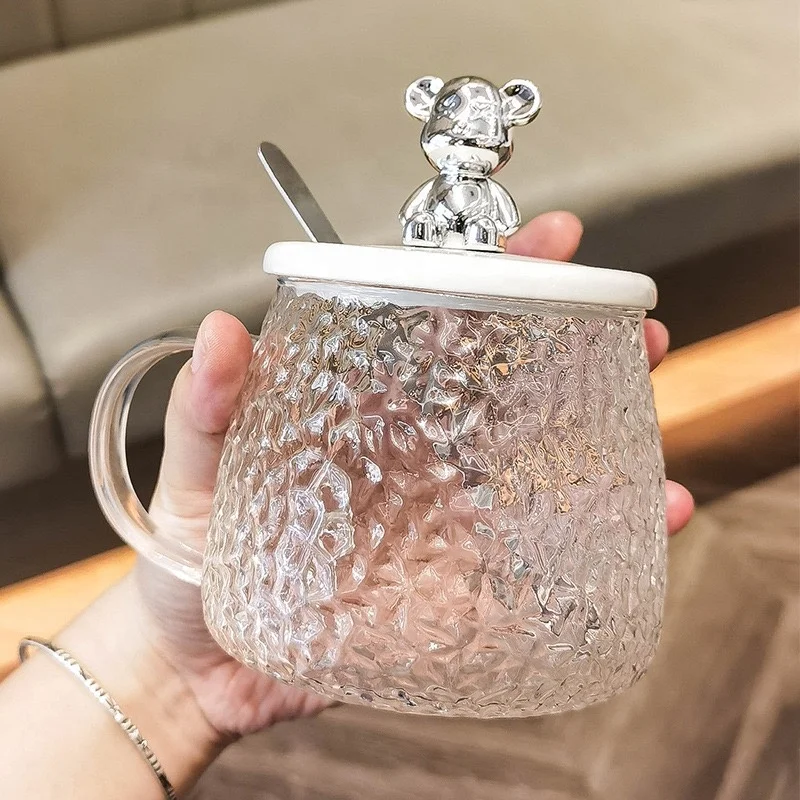 Ins Style 3D bear portable glass mug glass cups for drinking 15oz sublimation household glass milk tea coffee mugs with lid