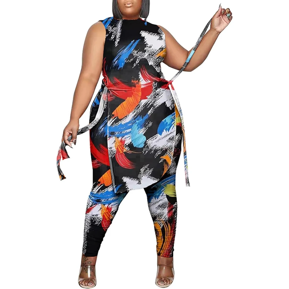 Fashion Set Women Casual Plus Size 2 Piece Outfits Jumpsuit Leopard Print Long Sleeve Slit Tunic Tops Pant Set Elegant Outfits