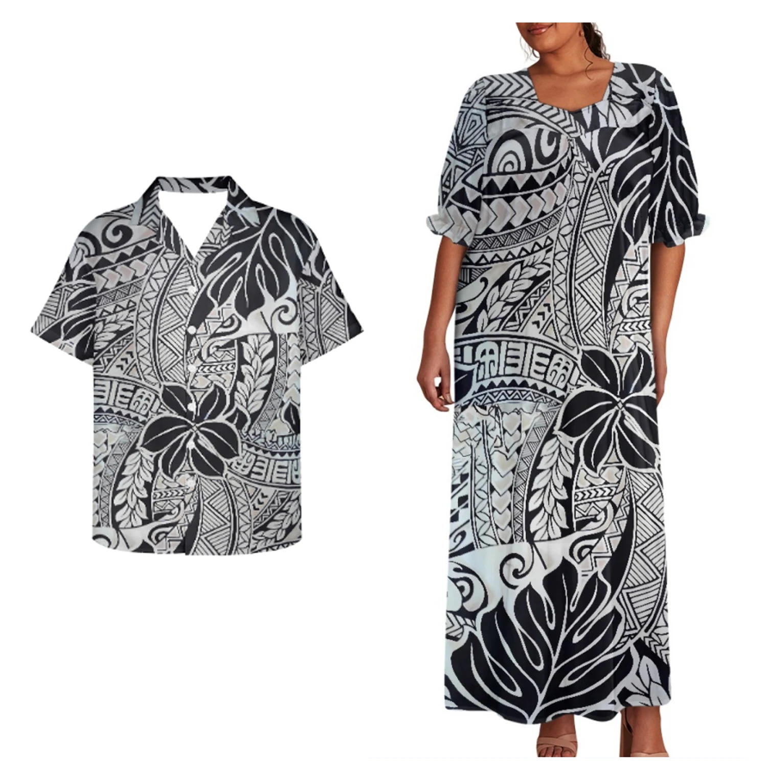 Hot Sales Custom Hibiscus Flower Polynesian Tribal Printed Micronesia Mumu Dress Matching Mens Shirts Couples Matching Outfits