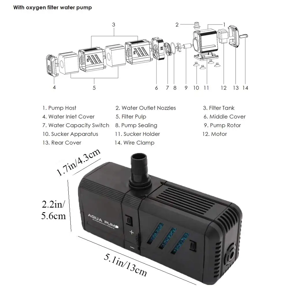 Submersible Water Pump (6-15W) with Filters and Water Nozzles  for Aquarium Fish Tank Pond Fountain