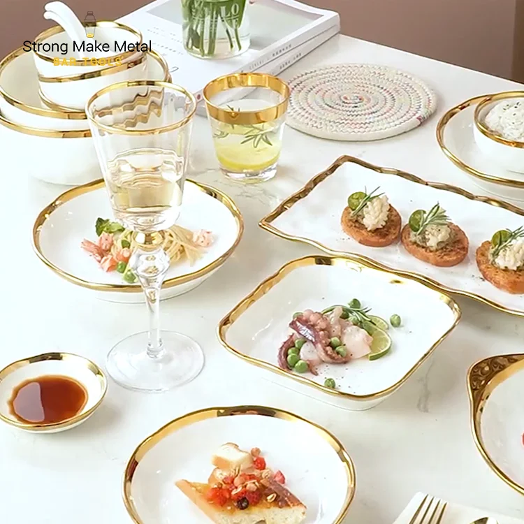 Hot sale Nordic color glaze marble gold rim dishes plate sets Crockery Tableware Porcelain ceramic dinner plate dinnerware