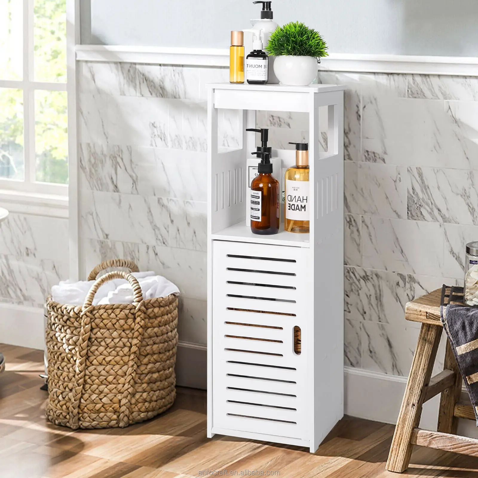 Bathroom Bamboo Storage Cabinet Freestanding Floor Cabinet with Door for Shoes Tools in Living Room Bedroom Hallway Kitchen Use