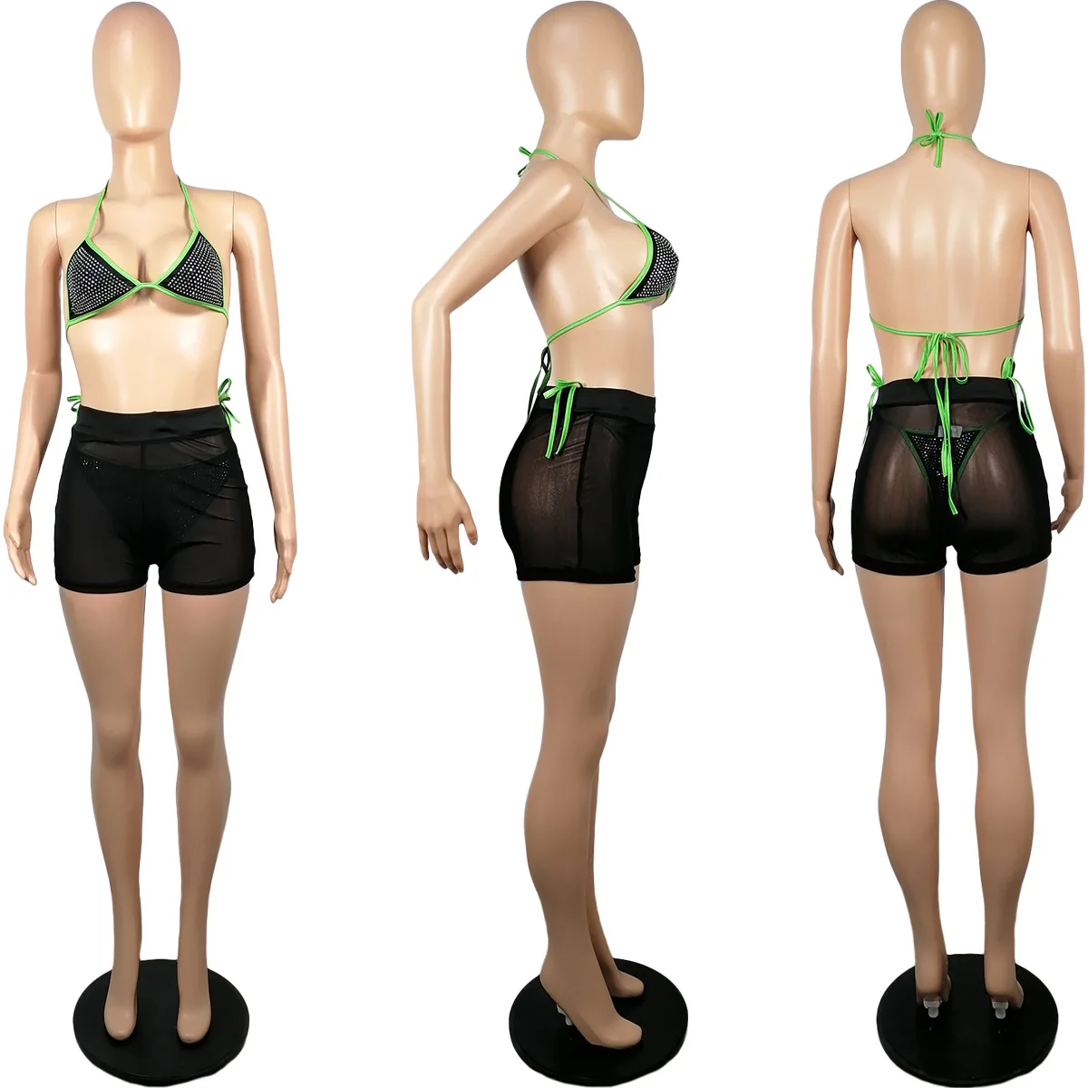 New Design Sequined Mesh Fabric Swimsuits For Women 2022 Halter Lace Up Swimwear Plus Size Women Backless Wholesale Bikini