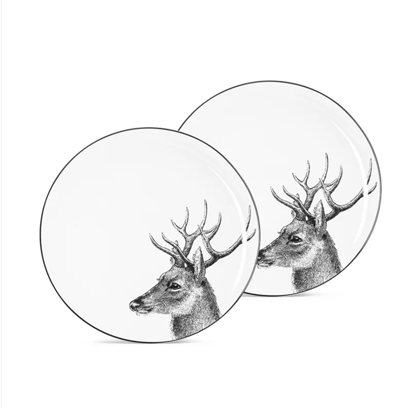 2pcs Porcelain Streak Plate Animal Elk Hamburger Breakfast Beef Steak Ceramic Dinner Plate 10.5 Inch Modern Steak Plate Set