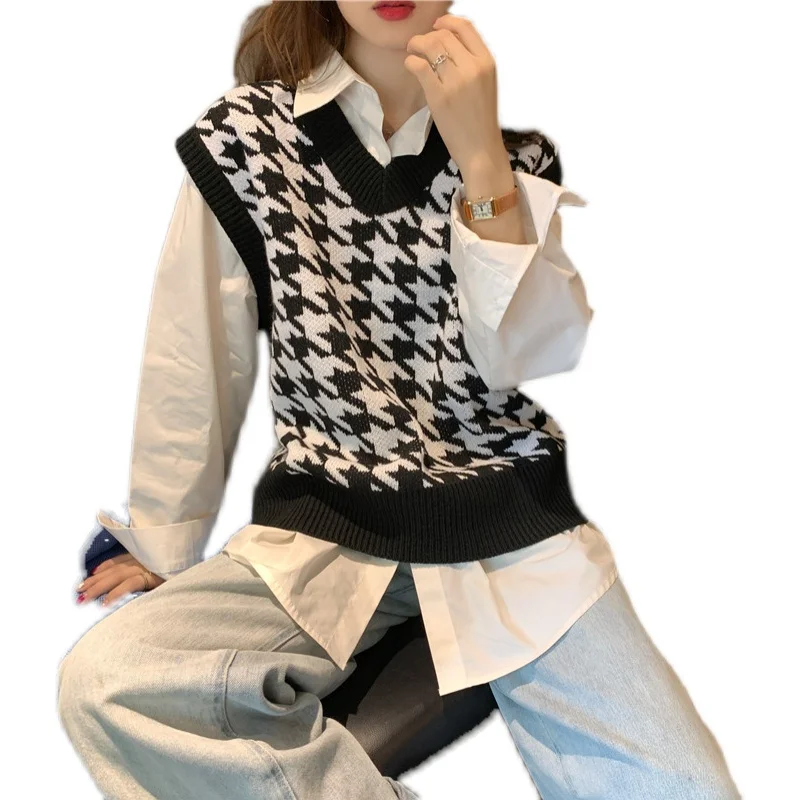 Spring and autumn 2021 new loose color contrast thousand bird check V-neck fashion folding sleeveless vest for women