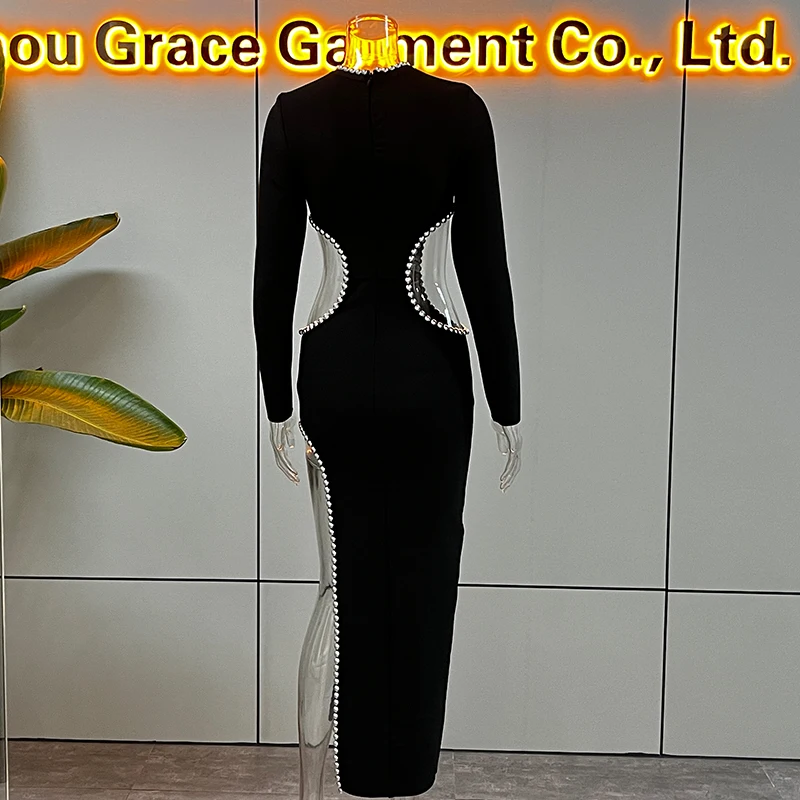 Elegant Front Slit Cutout Design Maxi Bodycon Black bead design evening Dress with Bead Decoration