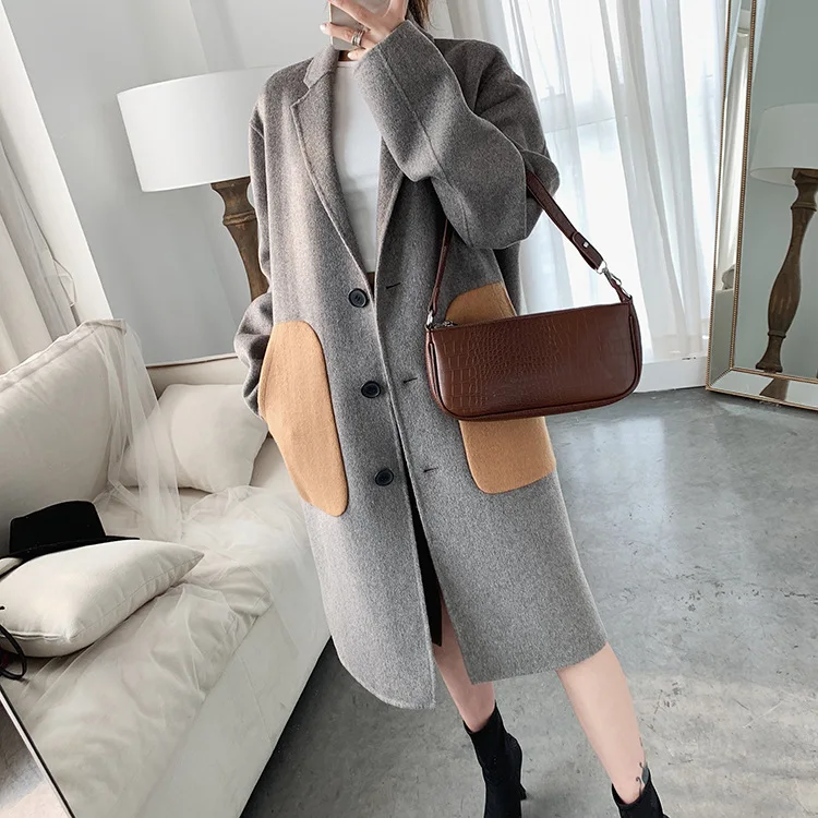 
fashion winter ladies loose single breasted pocket double-sided wool long coat lady casual temperament elegant women coat 