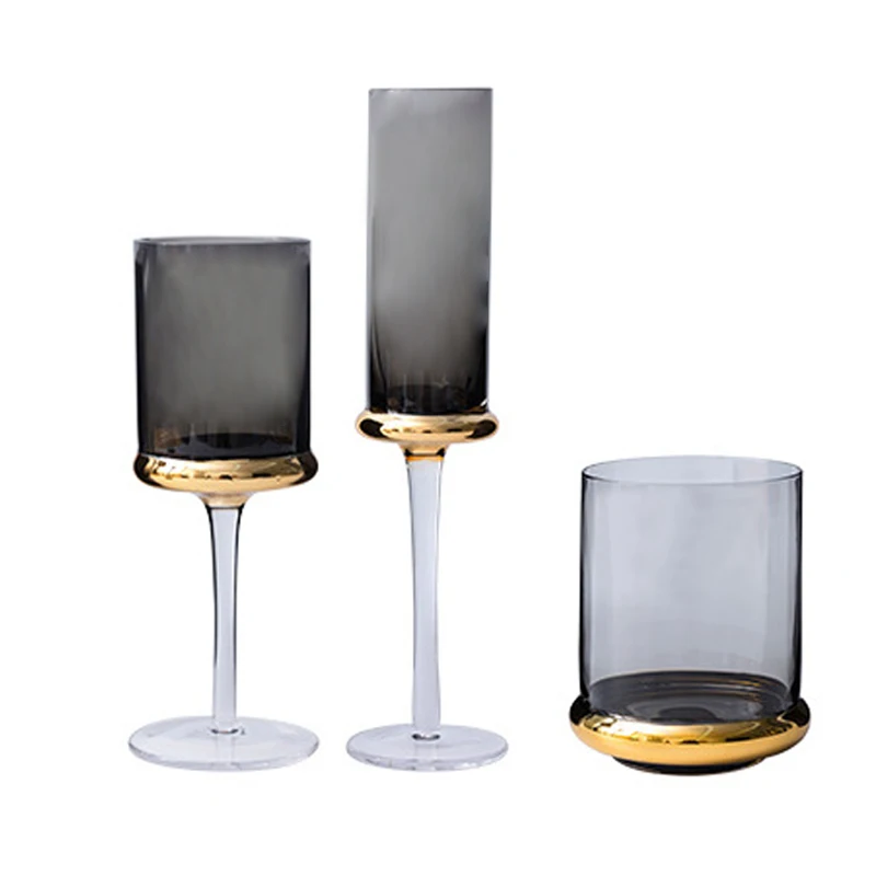 Hand Blown Crystal Wine Glasses Electroplated Gold Rim Grey Colored Champagne Flute Wine Glass Goblet sets