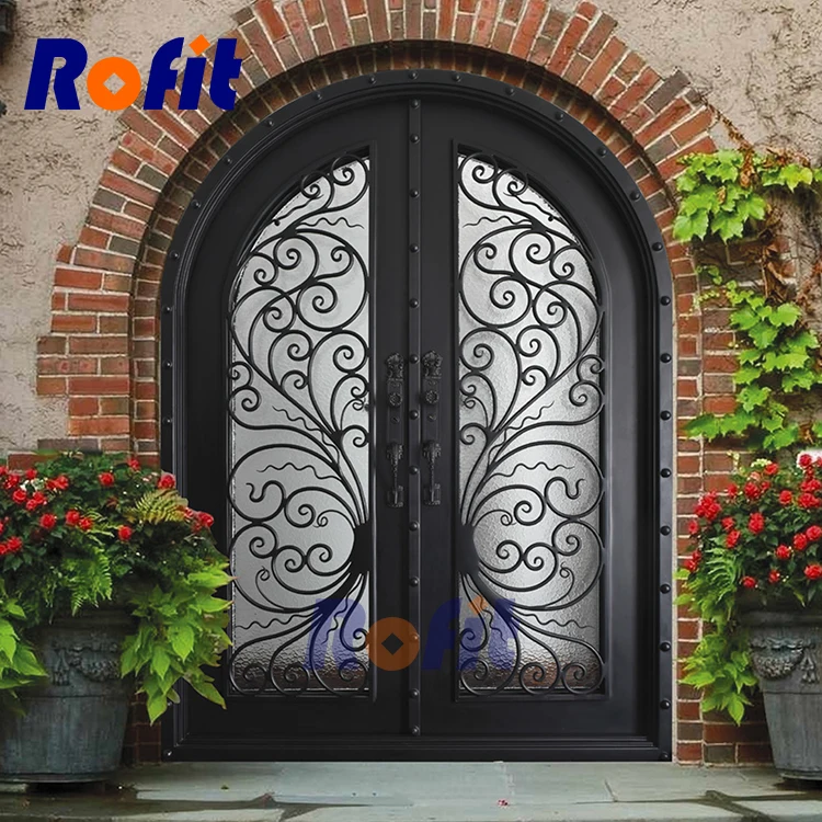 European manor entrance door full size glass wrought iron Luxury retro main door grill design wrought iron gate design