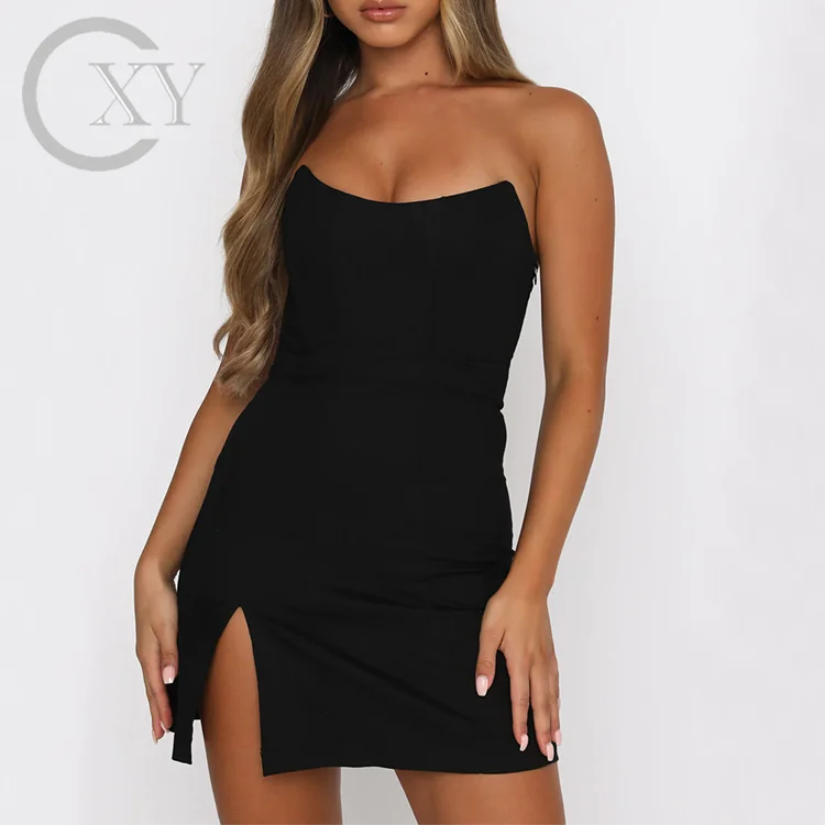 Customized Clothing OEM Factory Ladies Strapless With High Peaks At Bust Boning In Bodice Side Front Split Fitted Mini Dress