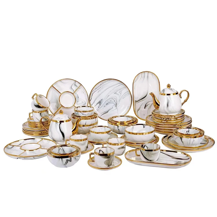 European style spanish german gold rim marble luxury porcelain tableware dinner sets stoneware ceramic dinnerware set for home