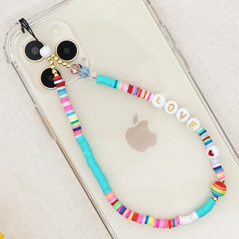 Colorful LOVE Letter Beaded Heishi Beads Polymer Clay Cell Mobile Phone Strap Chain Case Charm Holder Lanyard Bracelet Keychain