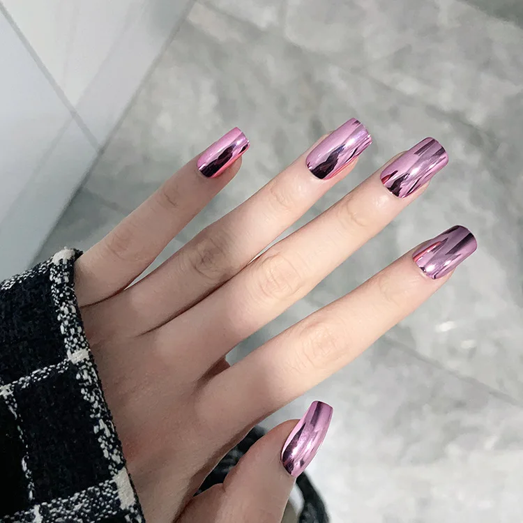 Customized Metal Mirror Medium Square Nails Salon Professional Products Press On Nails Artificial Nails