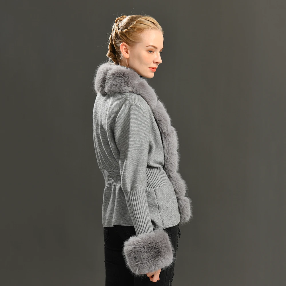 Lady Elegant Vintage Knit Cardigan Sweaters with Faux Fut Trim Wool Knit Cardigan Women Knit Cardigan
