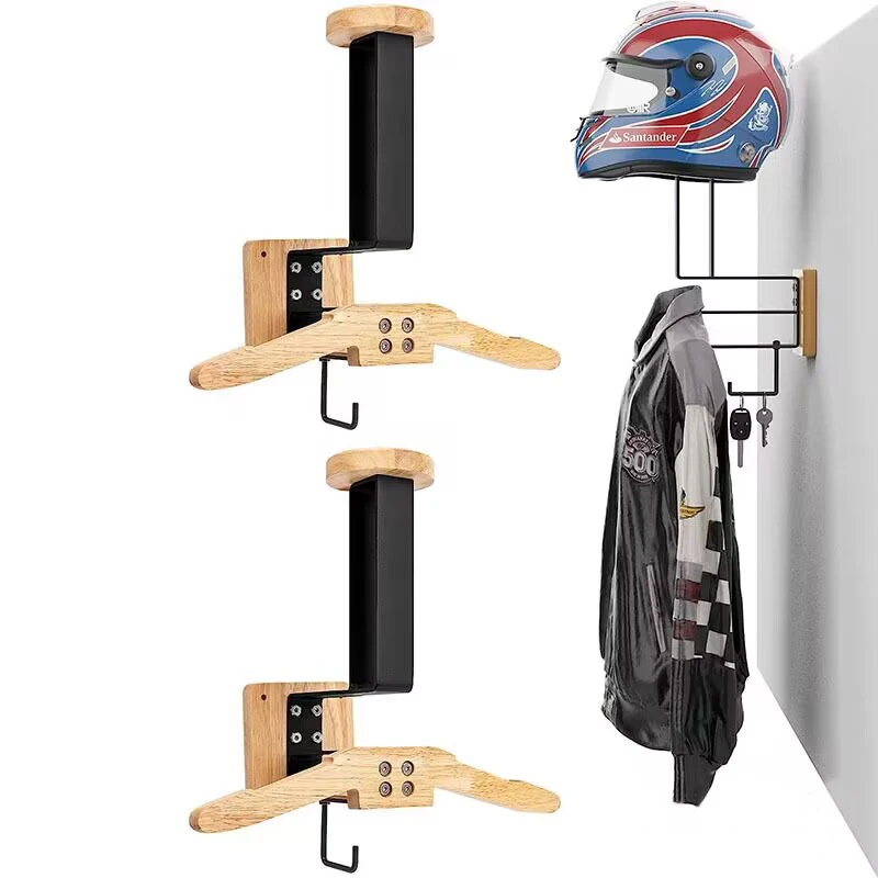 Wall Mounted Iron Motorcycle Helmet Rack Bike Helmet Holder with Wooden Jacket Coat Hanger and Key Hook