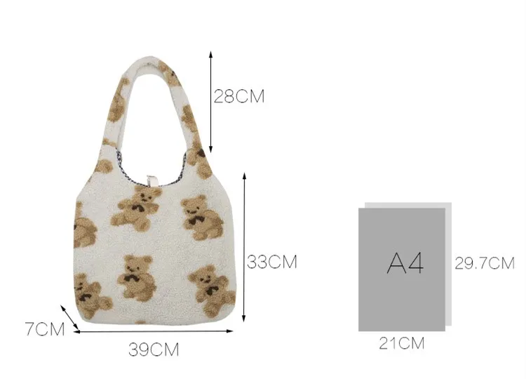 Women Girls Cute Bear Plush Shoulder Bag Large Tote Handbag Purse Faux Fur Shopping Dating Bag