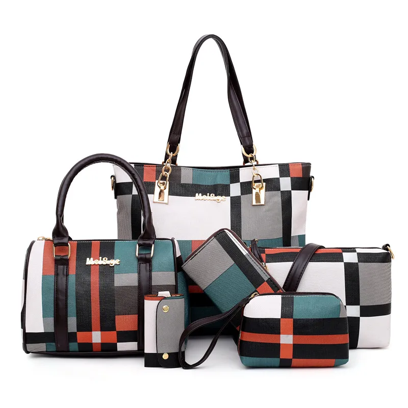 Wholesale Vintage Girl Striped Plaid Leather Ladies Bag 3-Piece Tote Bag Women Handbag Set
