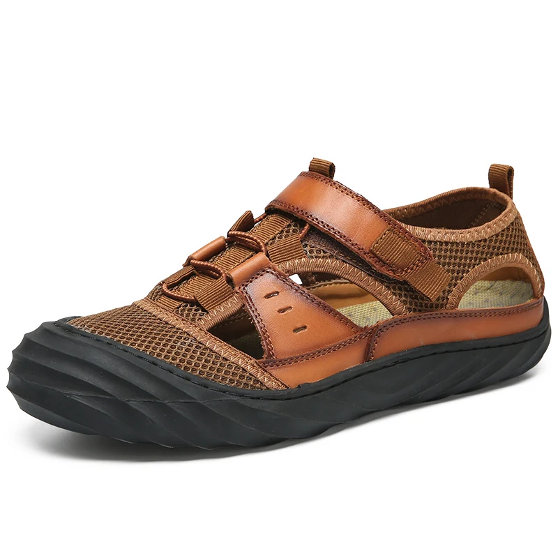 Summer breathable mesh genuine leather men outdoor sandals