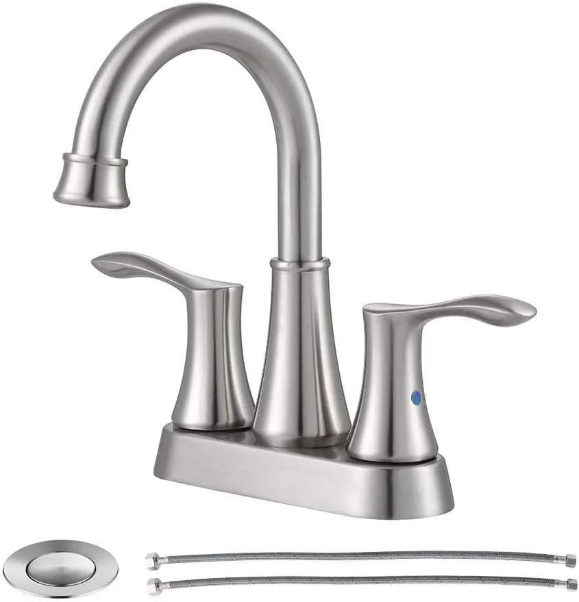Swivel Spout 2-Handle Lavatory Faucet Brushed Nickel Bathroom Sink Faucet with Metal Pop-up Drain and Faucet Supply Lines