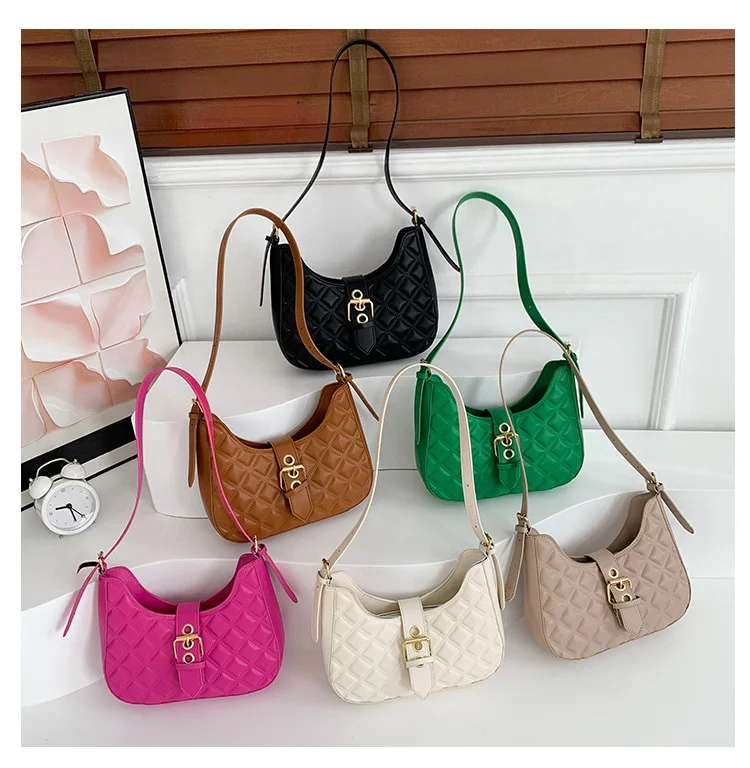 Wholesale Cool Pure Color Shoulder Bag Women PU Leather Underarm Bags Rhombus Indentation Handbags for Girls