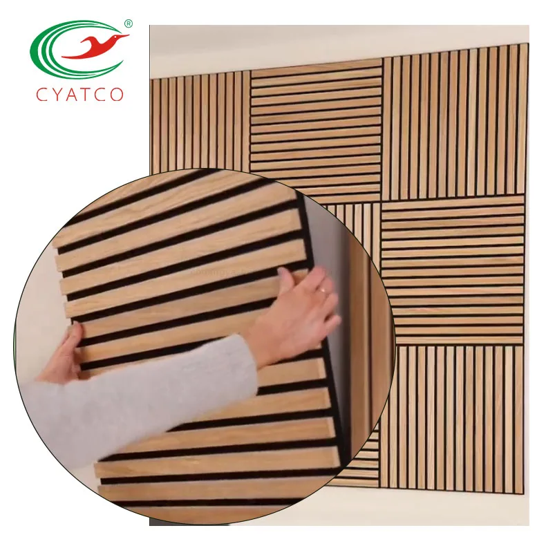 CYATCO 600*600mm Natural Walnut No Paint Slat Wall Acoustic Natural Oak Surface Wooden Slat Acoustical Wall Panels Slatted Wood
