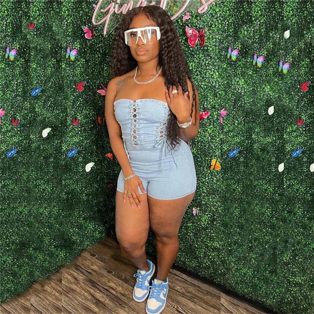 New Fashion Summer Rompers for Women One Piece Jumpsuit 2022 Short Tight Strapless Hollow Out Lace Up Denim Jean Jumpsuit