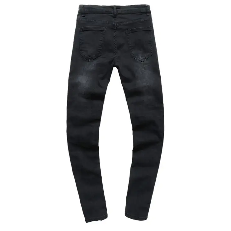 Low Price Mens Skinny Jeans with Zipper Wrinkle Design Jeans Denim Fabric Slim Straight Black Casual 4 Seasons Dark Wash 2pieces