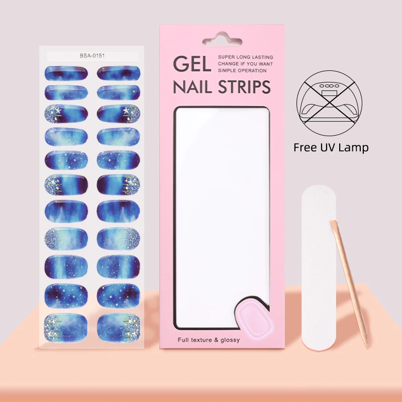 Industry New Products Blue Starry Sky design Air Dry free UV baked pre cured soft gel nail sticker