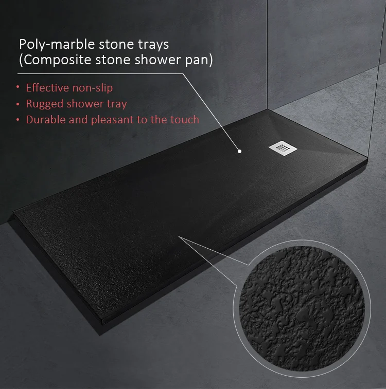 square shape quality pan stone resin shower tray high gloss black stone shower tray  with a seat