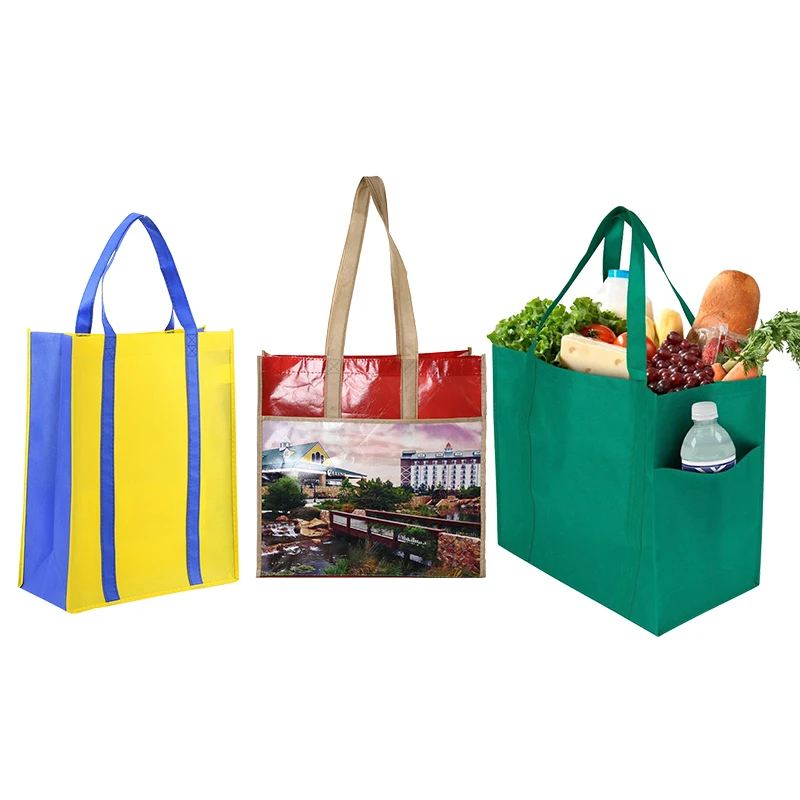 Сверхпрочные продуктовые сумки-тоут с усиленными длинными ручками на дно для покупок полипропиленовые нетканые карманным принтом логотипа