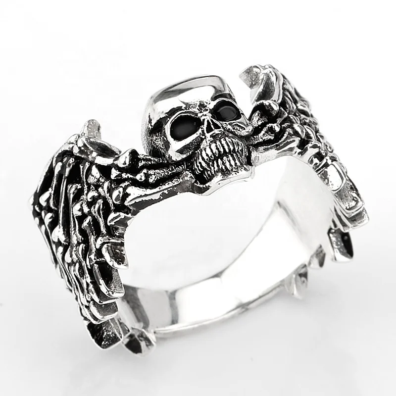 925 Sterling Silver Skull Men Ring Big Boss Terminator Black Angel Devil Evil Eyes Biker Punk Ring for Men Fashion Jewelry