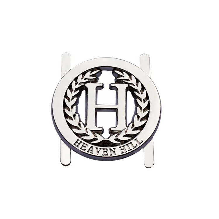 Custom round shape metal brand label hollow letter embossed logo plate emblems for handbags