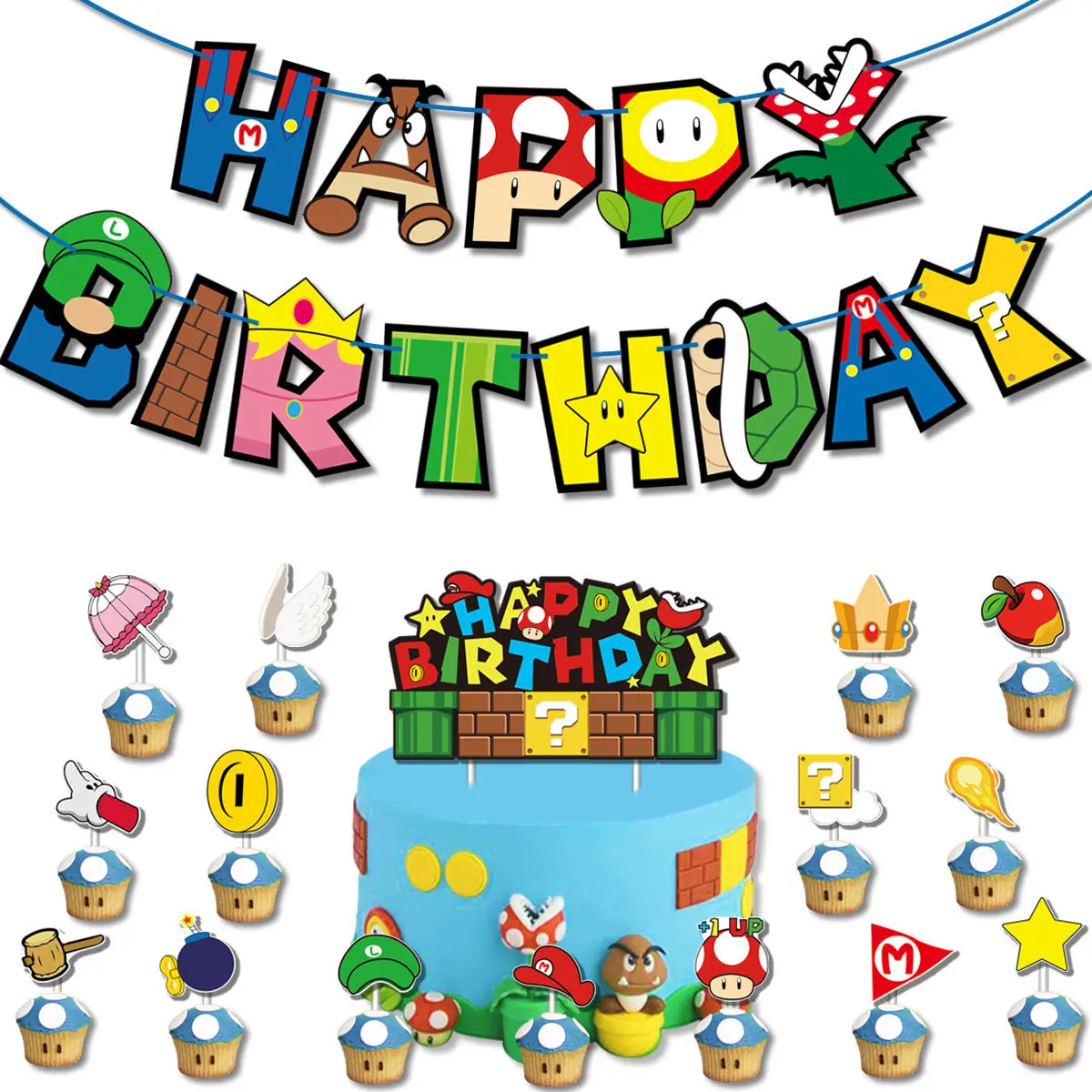 Super Mario Baby Shower Party Decoration Cartoon Game Happy Birthday Letter Paper Banner Mario Cake Topper