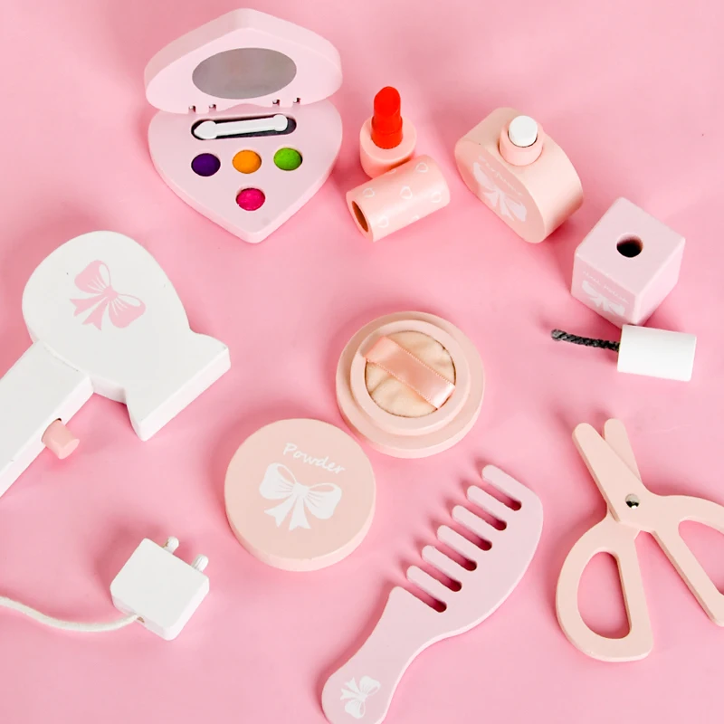 Customize mini makeup toys wooden early education Pretend small pink makeup table with mirror and drawer,Kids Makeup Toys