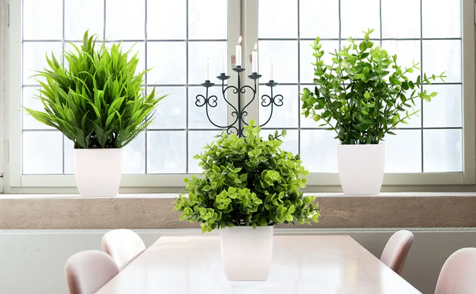 3Pack Mini Fake Plants Artificial Plastic Eucalyptus Plants Wheat Grass Potted Faux Plants Indoor for Office Decor