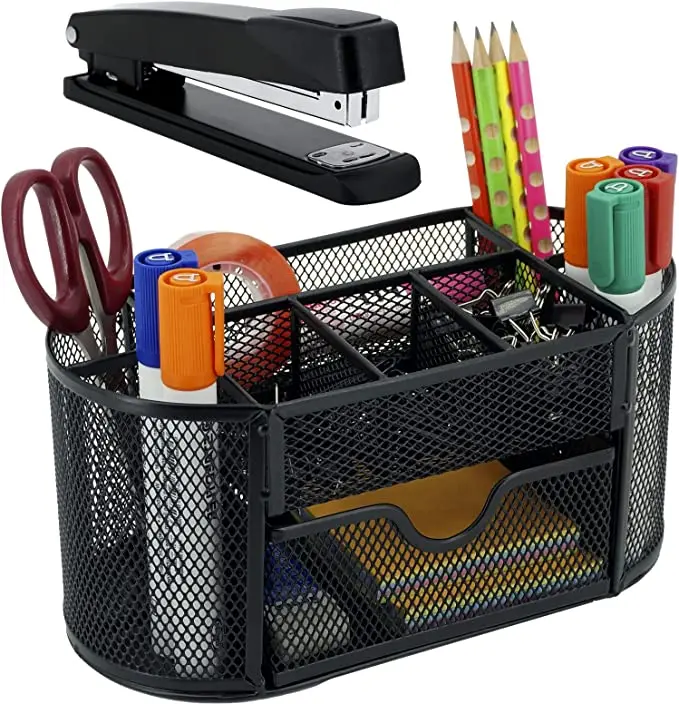 Mesh Pen Holder and Organizer Desk Caddy + Stapler Office Desktop Organizer with Drawer Mesh Desk Organizer Black 8 Compartments