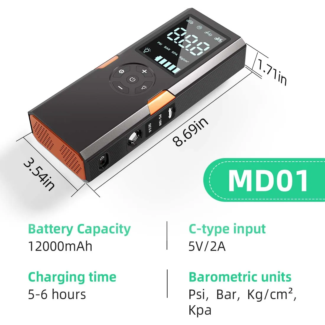 US Stocked Portable Tire Inflator Pump Wireless T-type 19 cylinder movement USB LED light Lithium Battery 3.7V 12000mah 44.4Wh