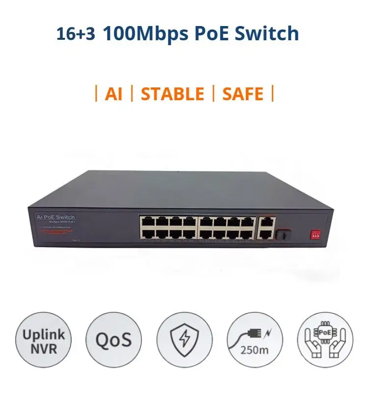 Factory Ai 16 Port Poe Network Switch For Nvr Ip Camera 16*10/100mbps Poe Port+2*10/100/1000mbps Up-link Port+1*Sfp