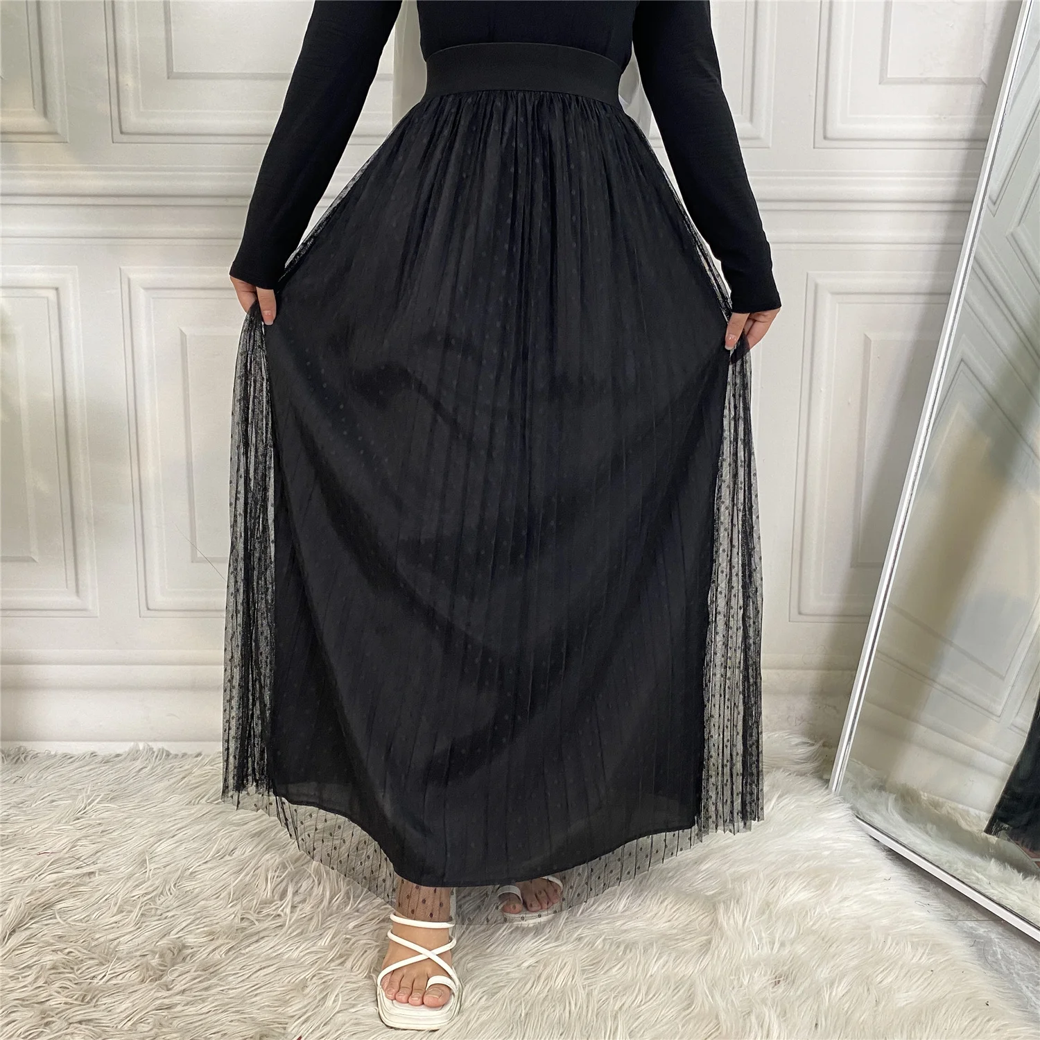 Muslim Dots Tulle Skirts Fashion Long Summer Maxi Skirt Plus Size Full Lined