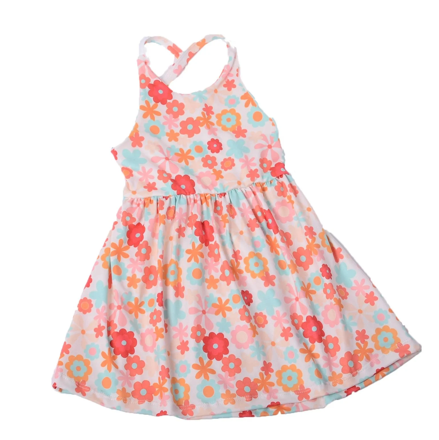 One piece custom 230g fabric back cross skirt girls spring summer twirl dress printing dress flare sleeve T-shirt girls dress