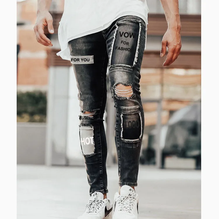 Fancy New Fashion Street Style Super Skinny With the Custom logo Printing Patch on the Hole Ripped Men Jeans