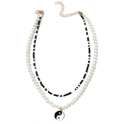 Vintage Tai Chi Yin Yang Pendant Multi layer Necklace Handmade Seed Beads with Imitation Pearl Necklace for Women