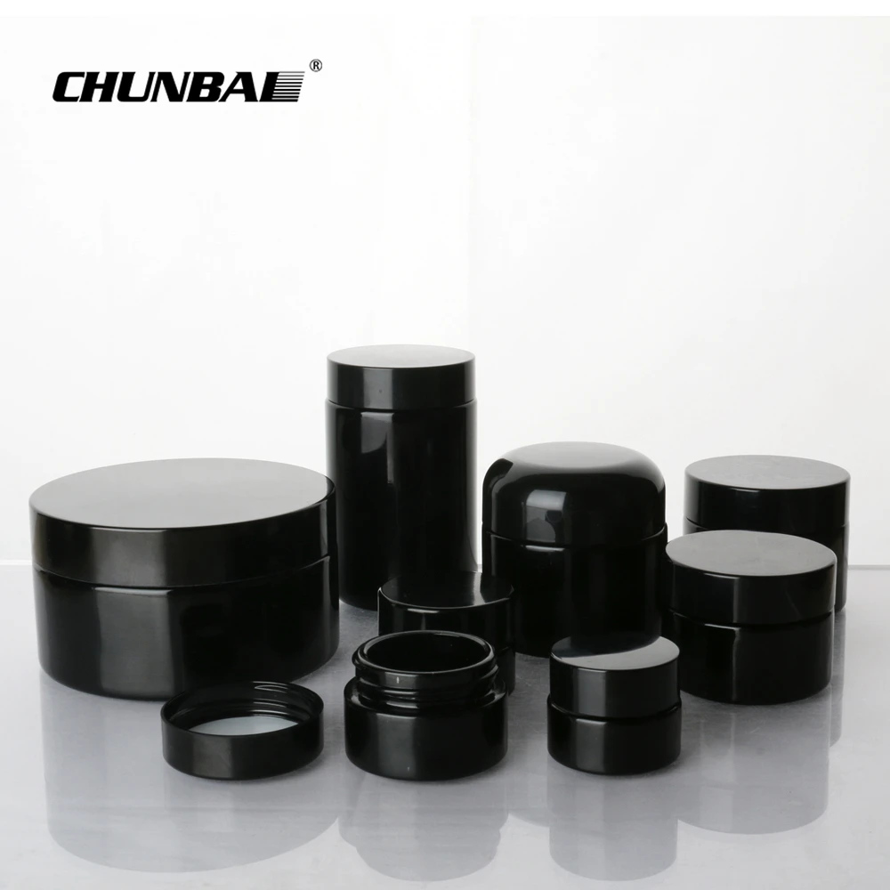 Wholesale Cheap 2oz 4oz body butter UV luxury Custom Packaging Supplier Sets Unique Round Black Cosmetic Glass Jars with Lids